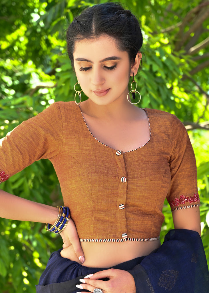 Exclusive Rust Orange Cotton Blouse with Beautiful Red Embroidery and Wooden Buttons at the Back