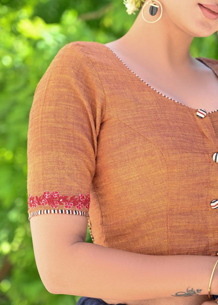 Exclusive Rust Orange Cotton Blouse with Beautiful Red Embroidery and Wooden Buttons at the Back