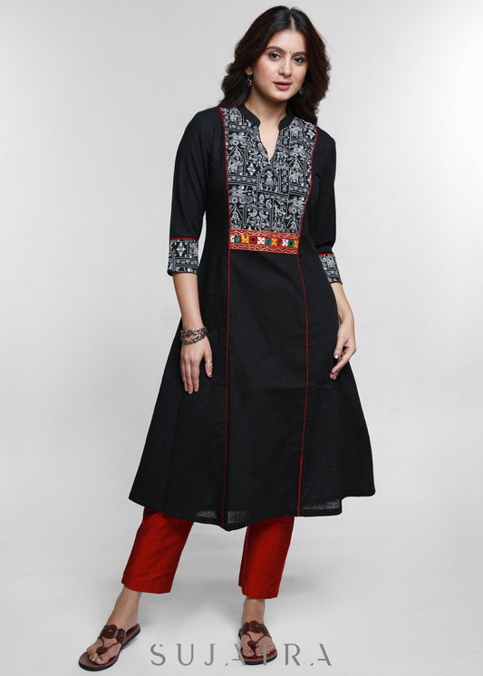 Black Cotton Warli Printed Mirror Work Kurta-Pant Optional