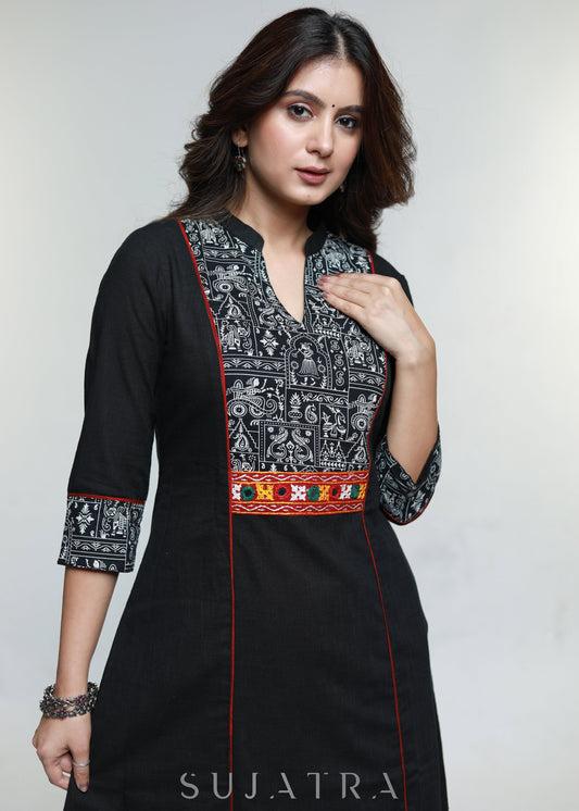 Black Cotton Warli Printed Mirror Work Kurta-Pant Optional
