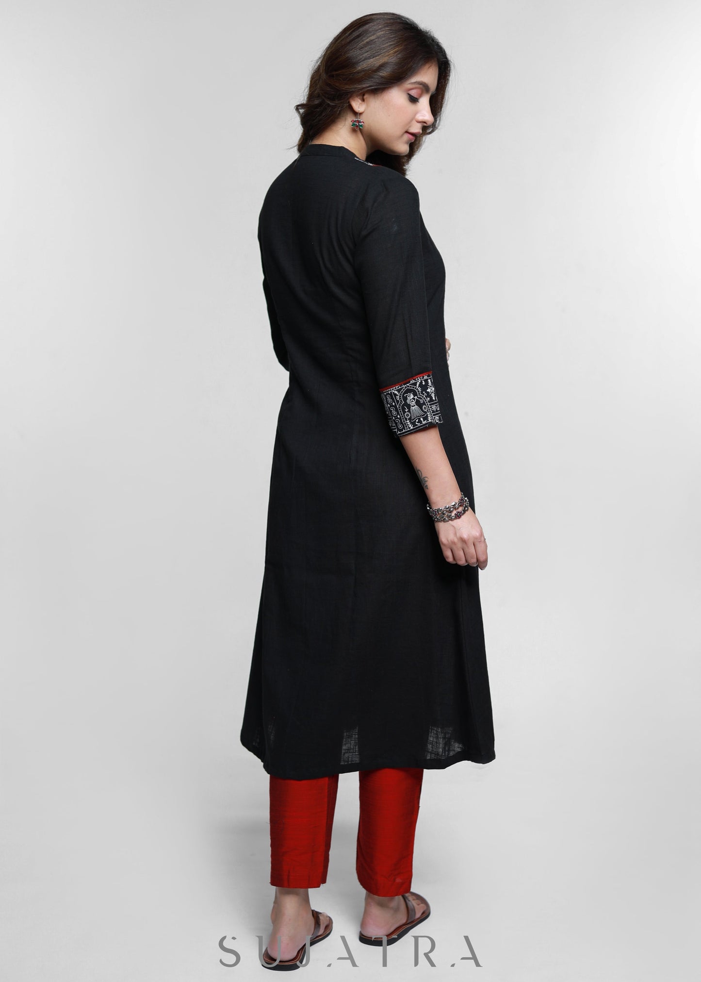 Black Cotton Warli Printed Mirror Work Kurta-Pant Optional