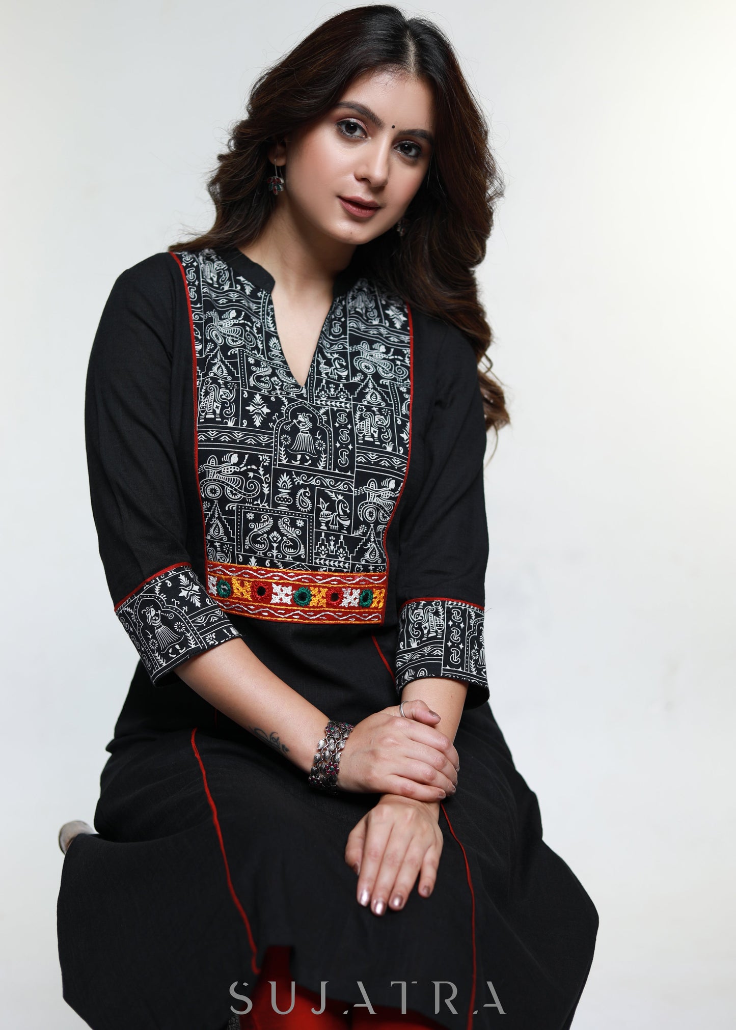Black Cotton Warli Printed Mirror Work Kurta-Pant Optional
