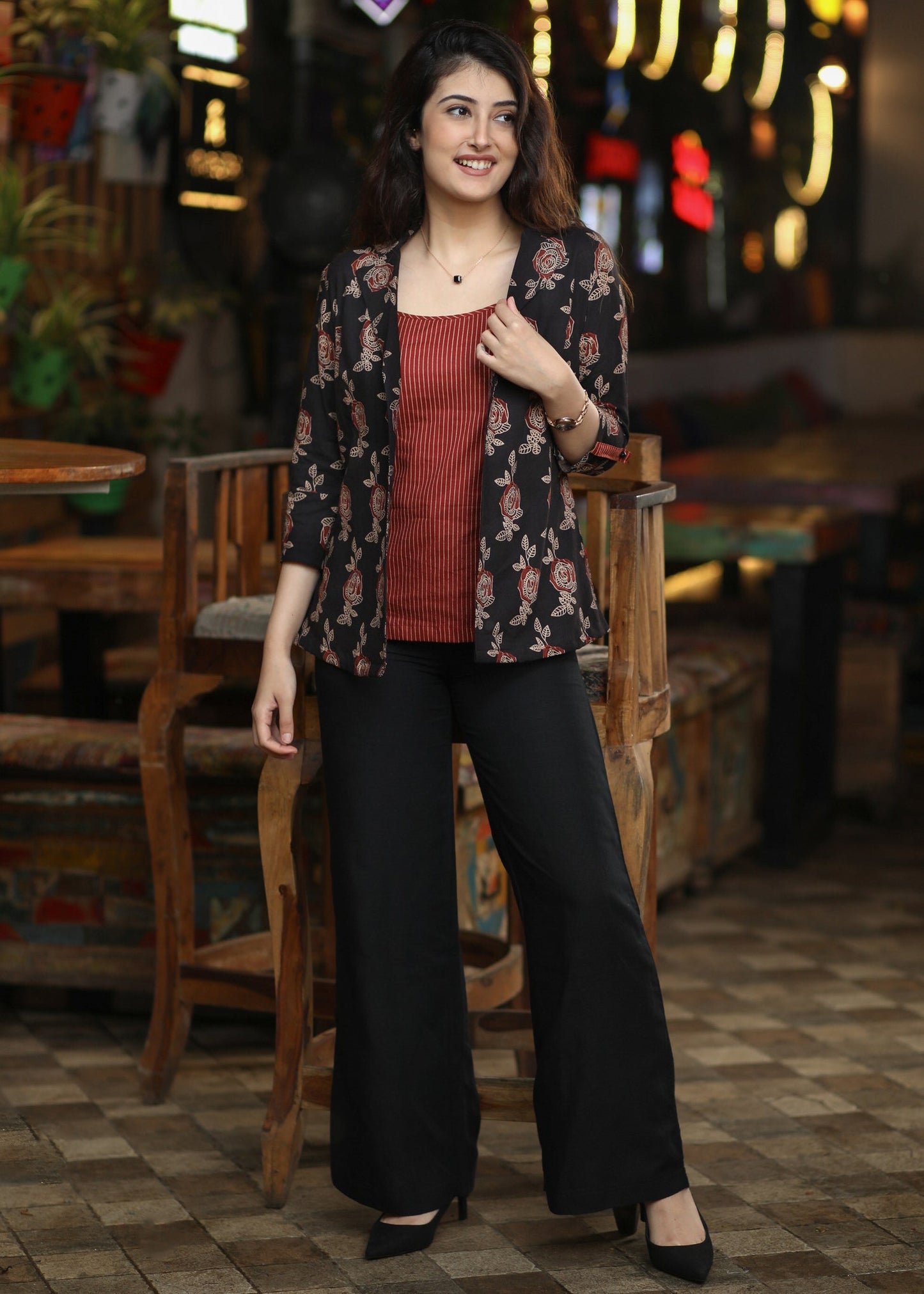 Classic Black Floral Ajrakh Jacket - Inner optional