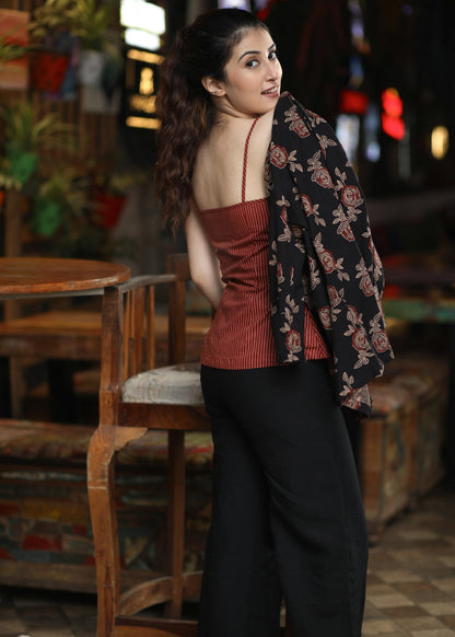 Classic Black Floral Ajrakh Jacket - Inner optional