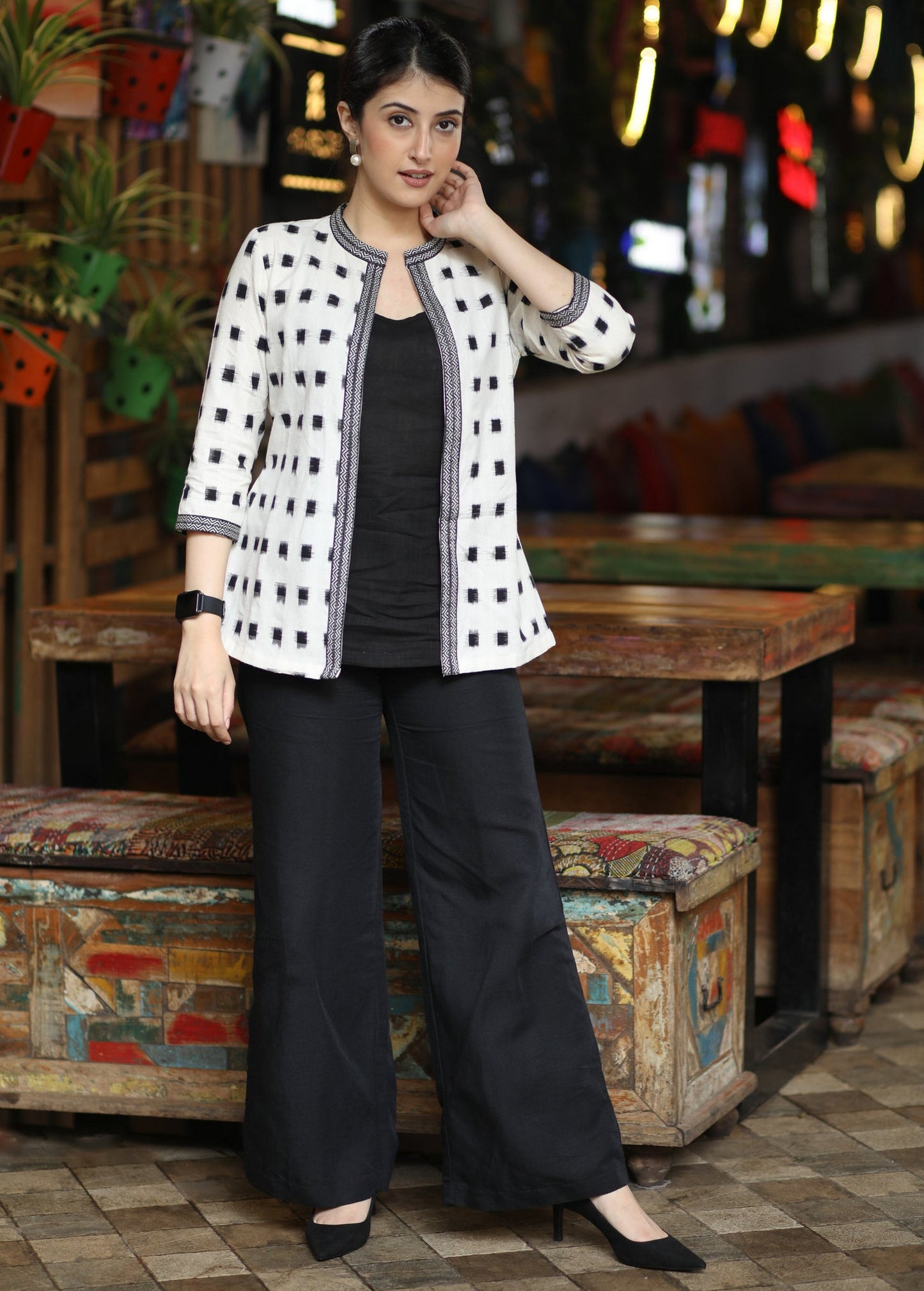 Stylish White Cotton Ikat Jacket - Inner optional