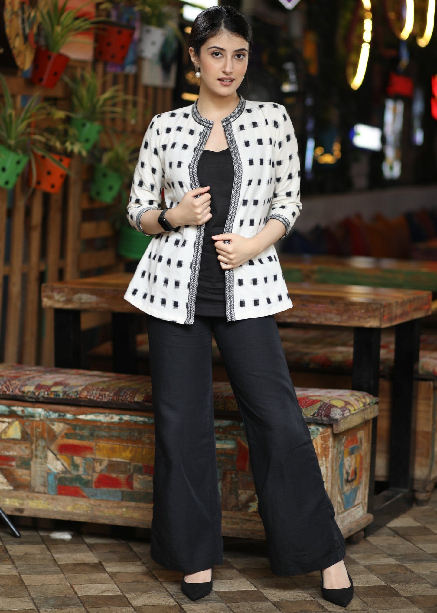 Stylish White Cotton Ikat Jacket - Inner optional