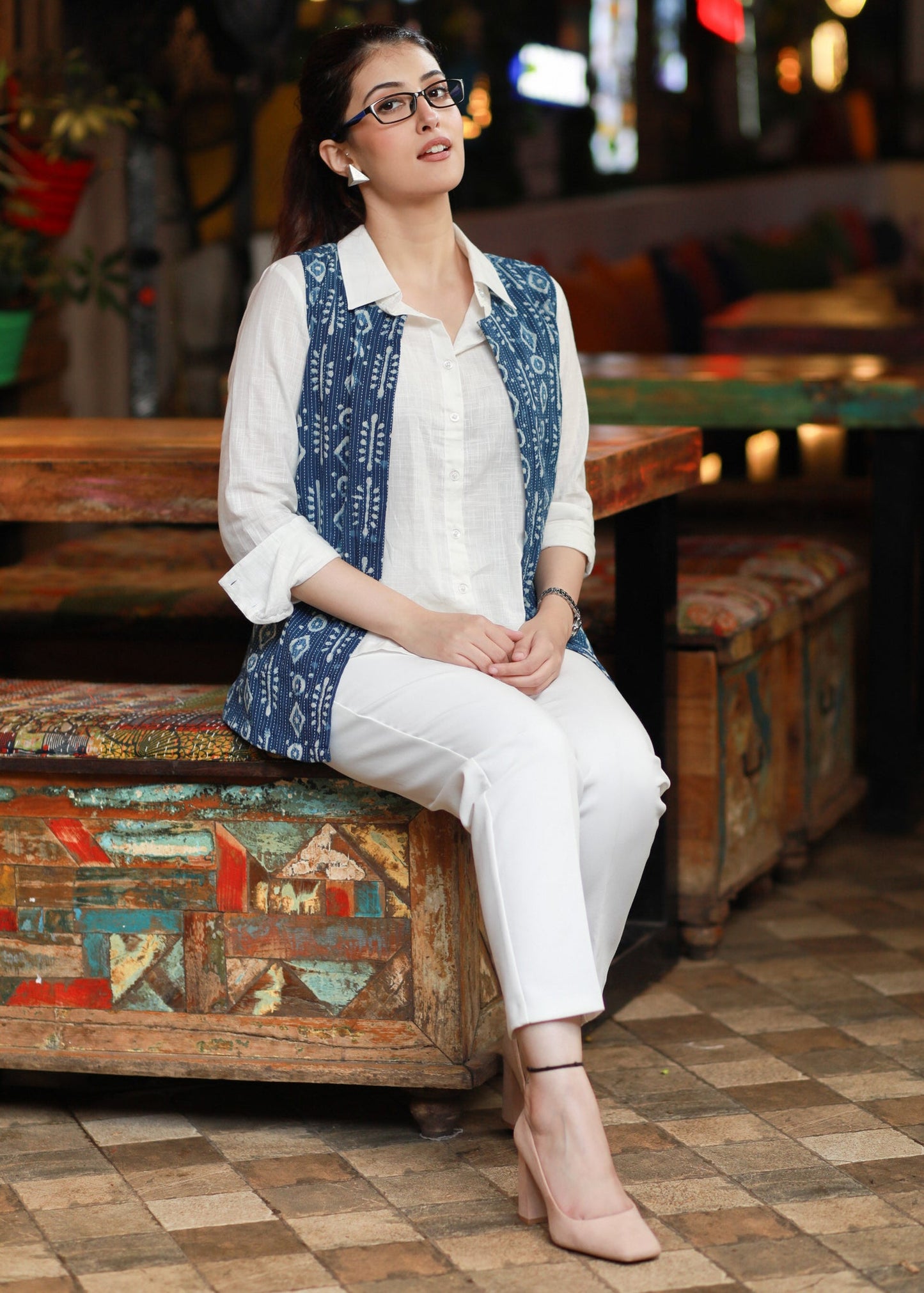 Stylish Indigo Kantha Sleeveless Jacket - White cotton shirt optional