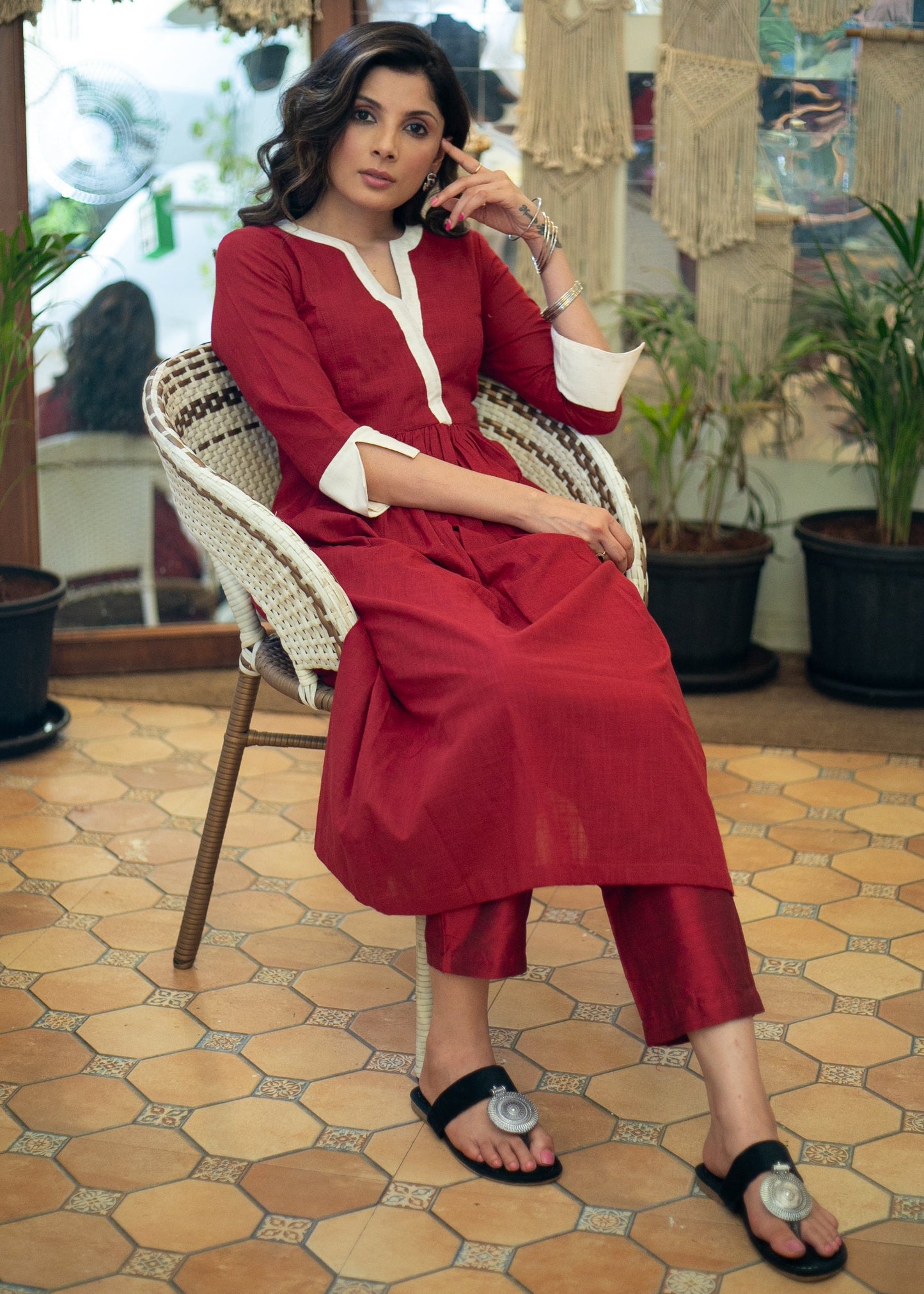 Trendy Cotton Maroon A- Line Kurta - Stole Optional