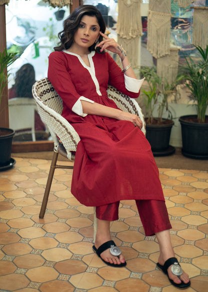 Trendy Cotton Maroon A- Line Kurta - Stole Optional