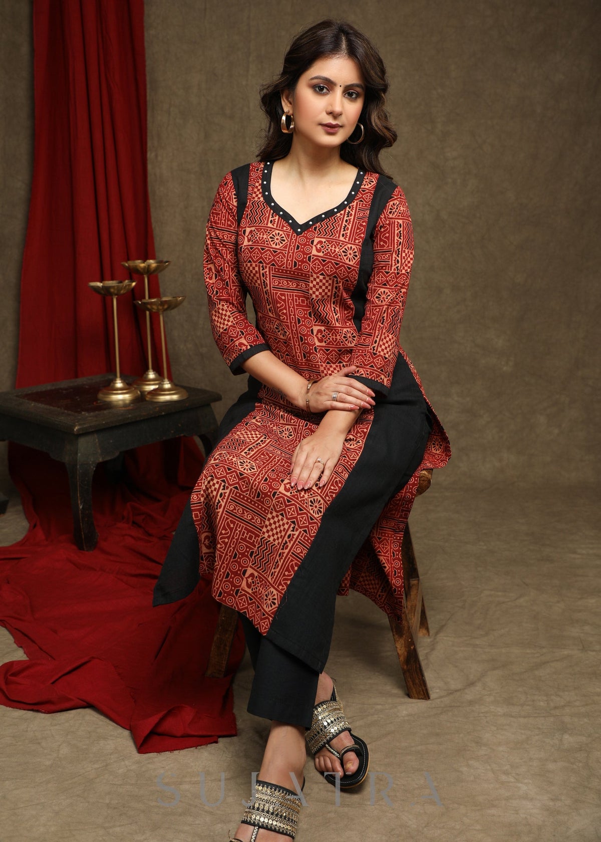 Dussehra Sale — Elegant Maroon Ajrakh Combination Kurta With Beautiful Pearl Highlighting - Pant Optional