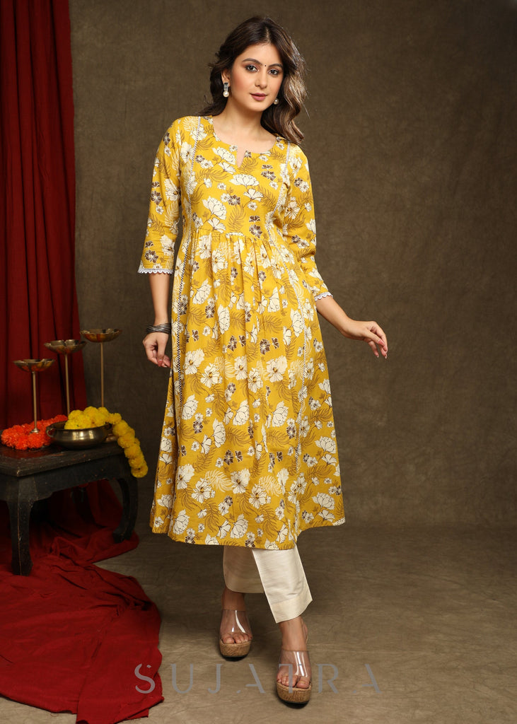 Trendy Yellow Floral Printed A-Line Kurta Highlighted With Ivory Macrame Lace - Pant Optional