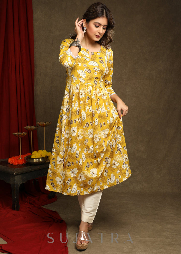Trendy Yellow Floral Printed A-Line Kurta Highlighted With Ivory Macrame Lace - Pant Optional