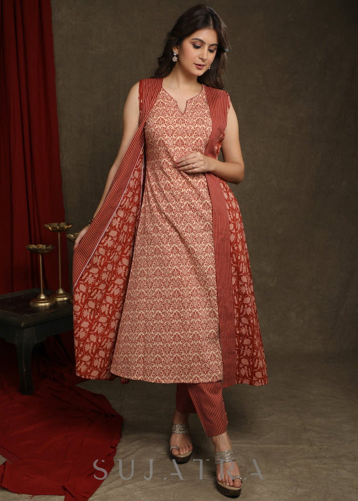 Trendy Floral Shrug With Co Ord Pant - Brown Printed Sleeveless Kurta Optional