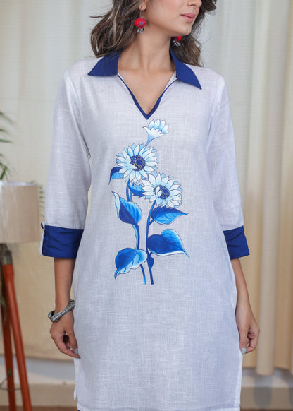 Striking Blue Handpainting on Off white Tunic