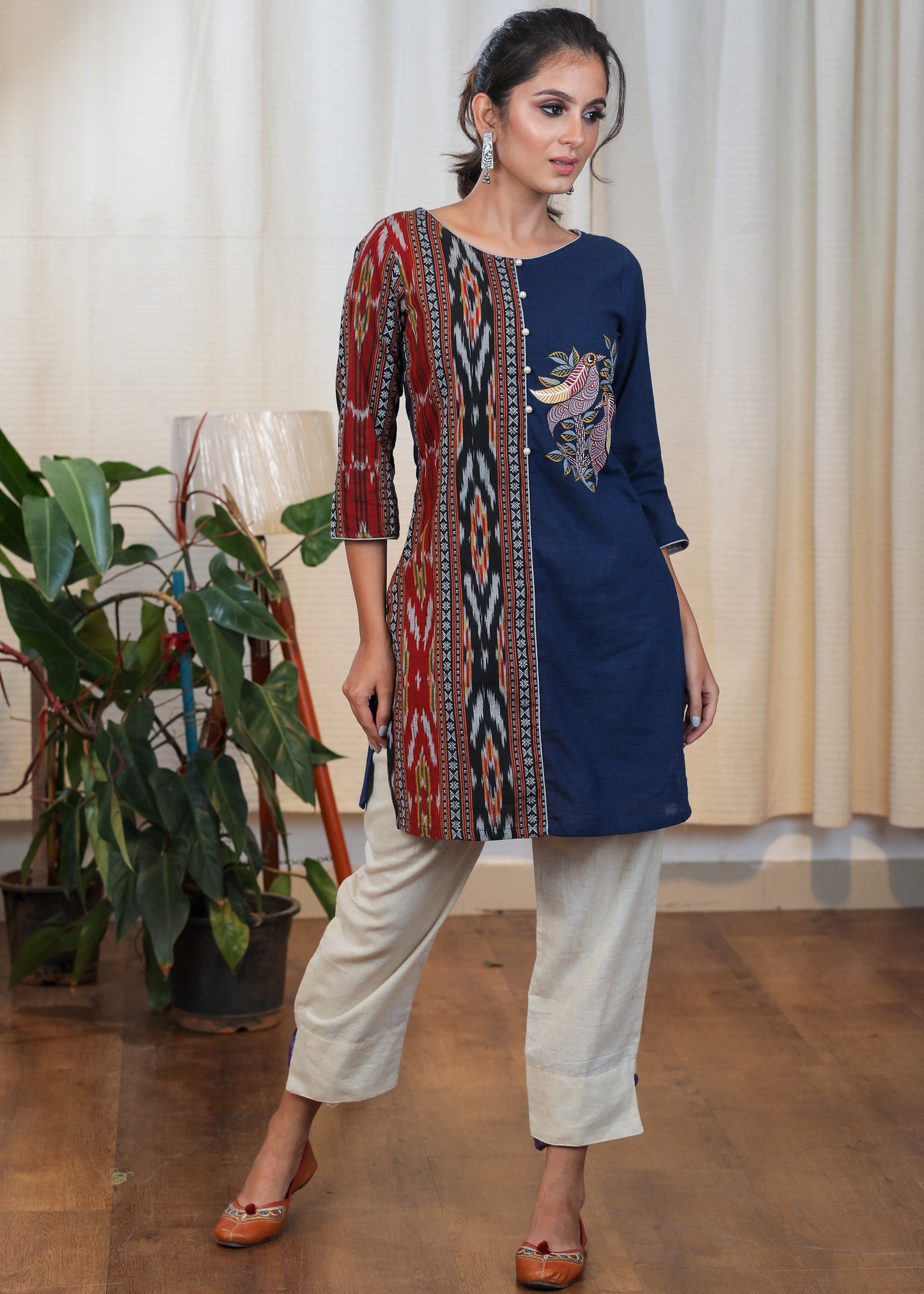 Rare Hand Painted Gond Art On Cotton Blue tunic and Ikat Combination