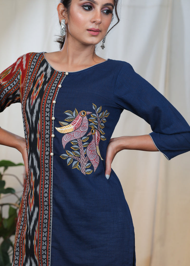 Rare Hand Painted Gond Art On Cotton Blue tunic and Ikat Combination