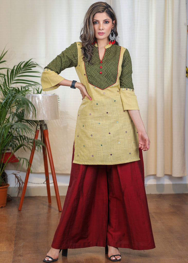 Trendy Ajrakh Tunic With Beautiful Handmade Kutch Mirror Embroidery