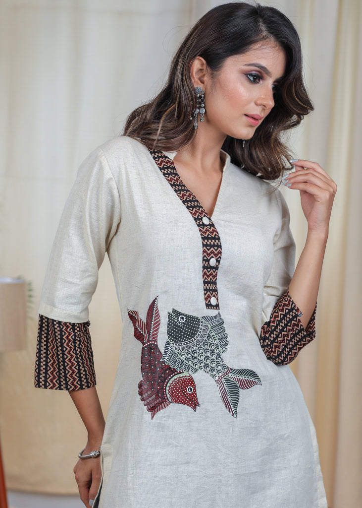 Rare Hand painted Gond Art On Cotton Off white Tunic