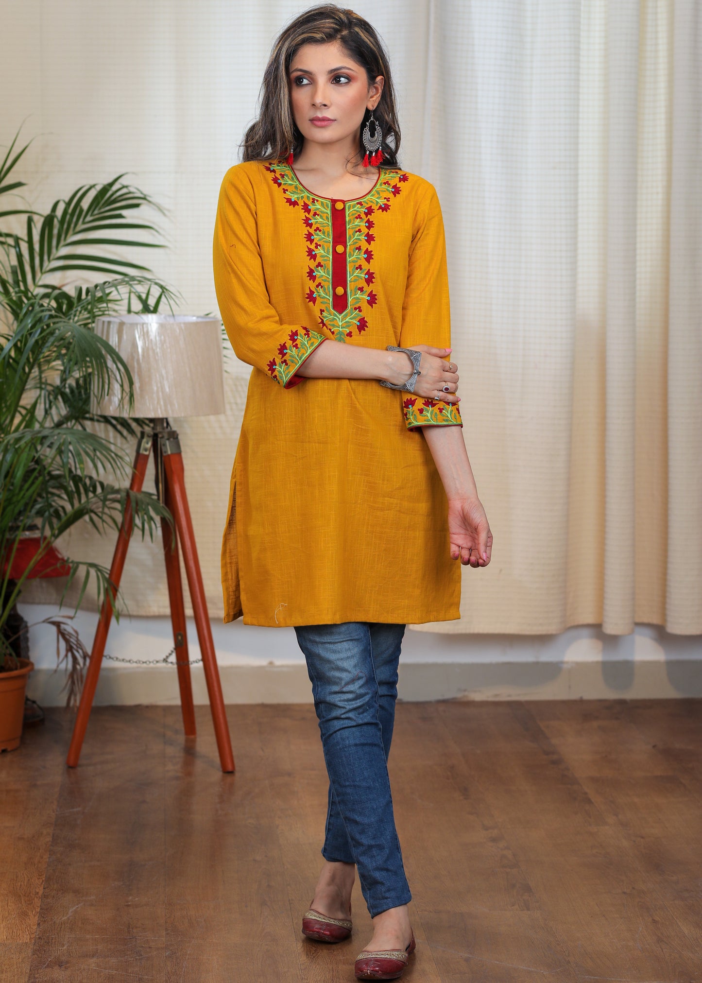 Trendy Mustard Cotton Tunic with Contrast Embroidery