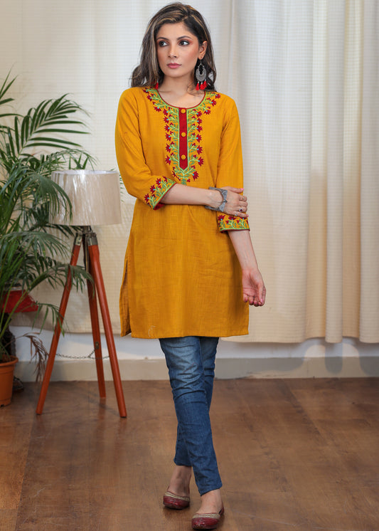 Trendy Mustard Cotton Tunic with Contrast Embroidery