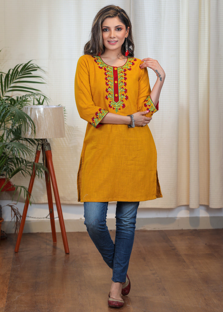 Trendy Mustard Cotton Tunic with Contrast Embroidery