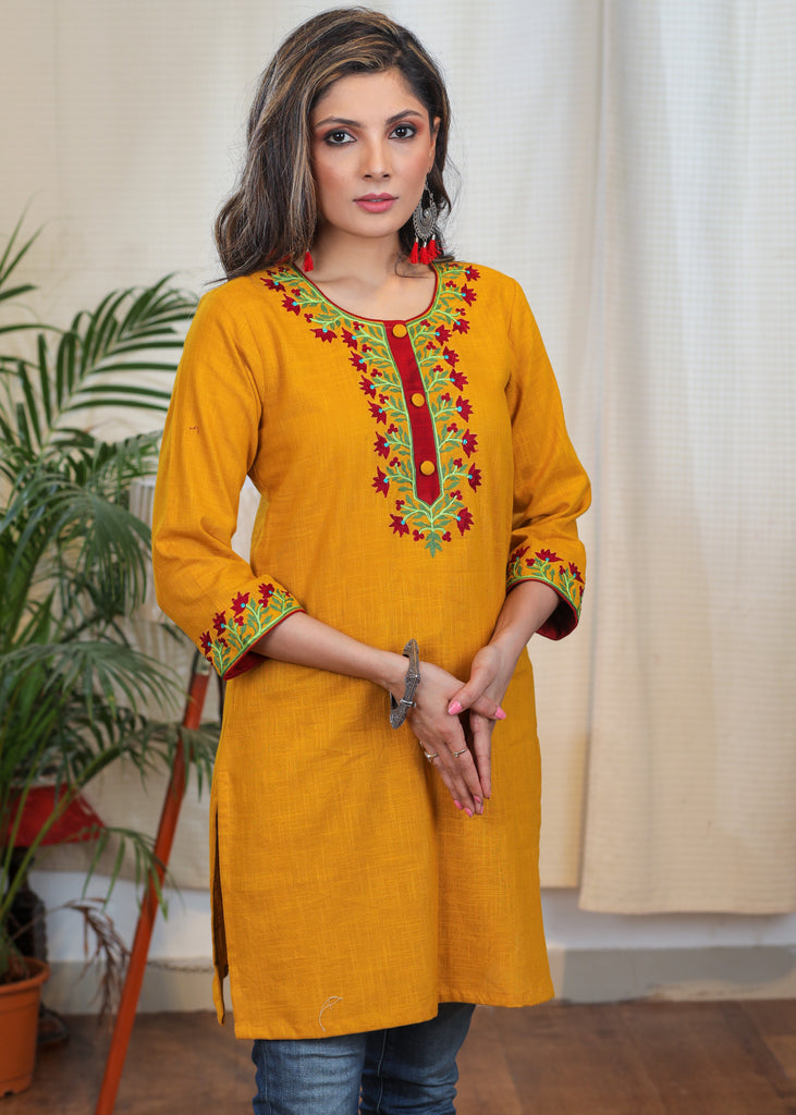Trendy Mustard Cotton Tunic with Contrast Embroidery