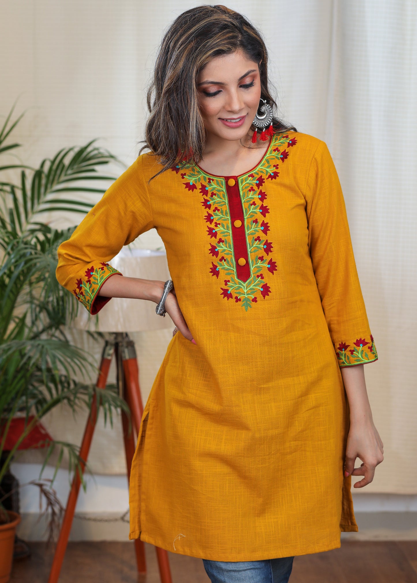 Trendy Mustard Cotton Tunic with Contrast Embroidery