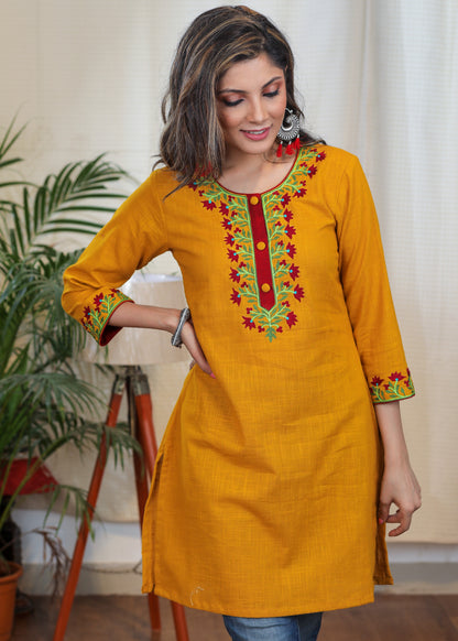 Trendy Mustard Cotton Tunic with Contrast Embroidery
