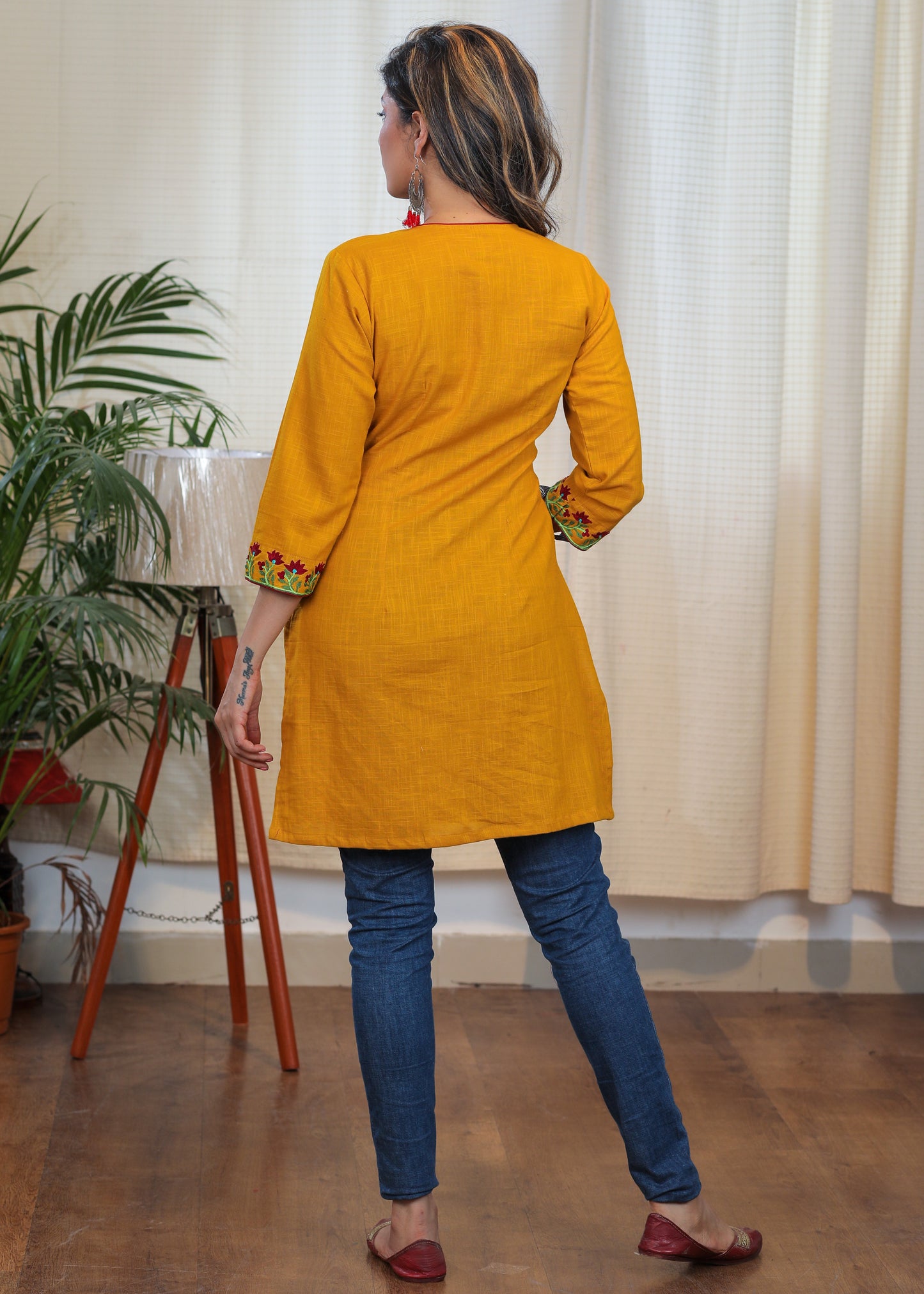 Trendy Mustard Cotton Tunic with Contrast Embroidery