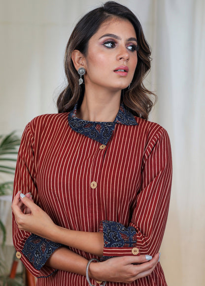 Cotton Ajrakh Tunic With Smart Collars