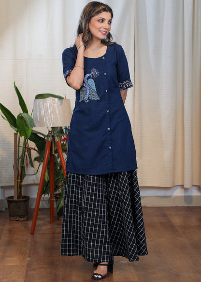 Rare Hand Painted Gond Art on Blue Cotton tunic