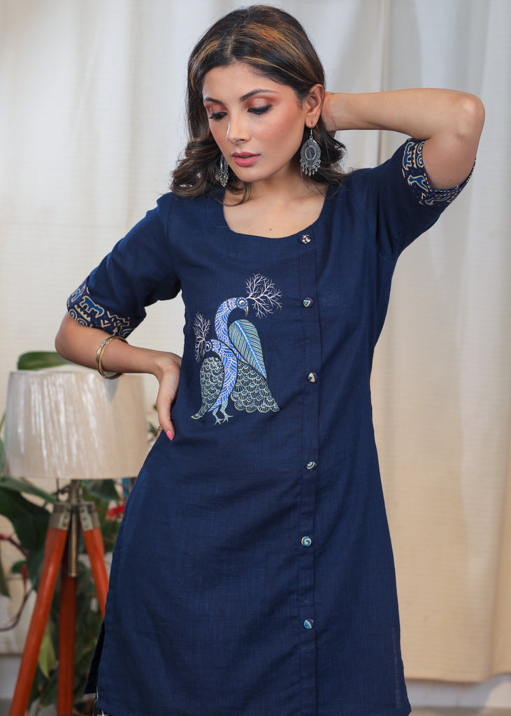 Rare Hand Painted Gond Art on Blue Cotton tunic