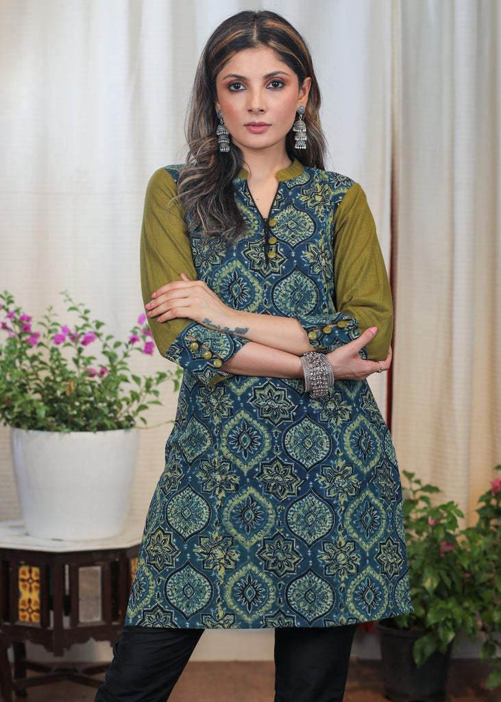 Elegant Green & Blue Cotton Ajrakh Combination Tunic