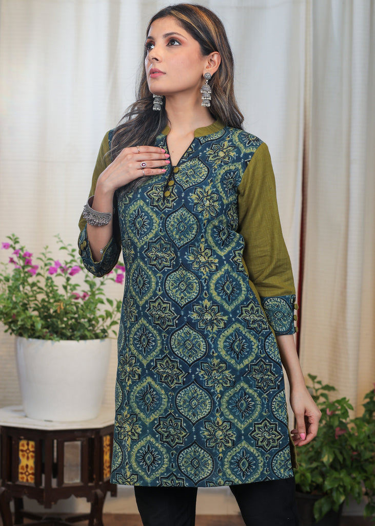 Elegant Green & Blue Cotton Ajrakh Combination Tunic