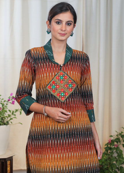 Graceful Ikat Combination tunic With Hand made Kutch Mirror Work Embroidery