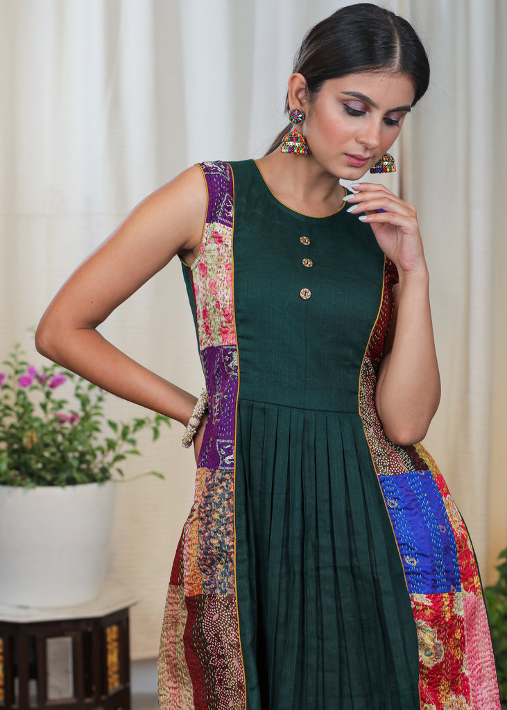 Exclusive Kantha Work Combination Green Cotton Sleevesless Tunic