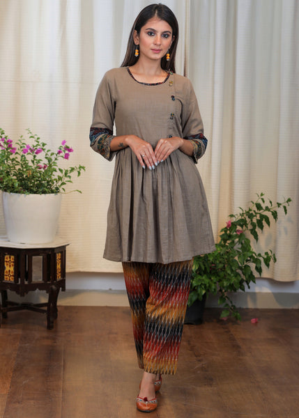 Cement Color Cotton Tunic With Ajrakh Combination and classy Buttons