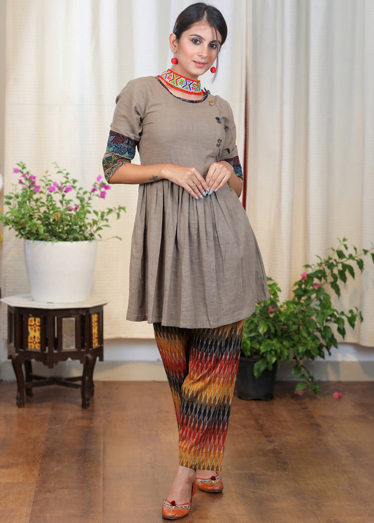 Cement Color Cotton Tunic With Ajrakh Combination and classy Buttons