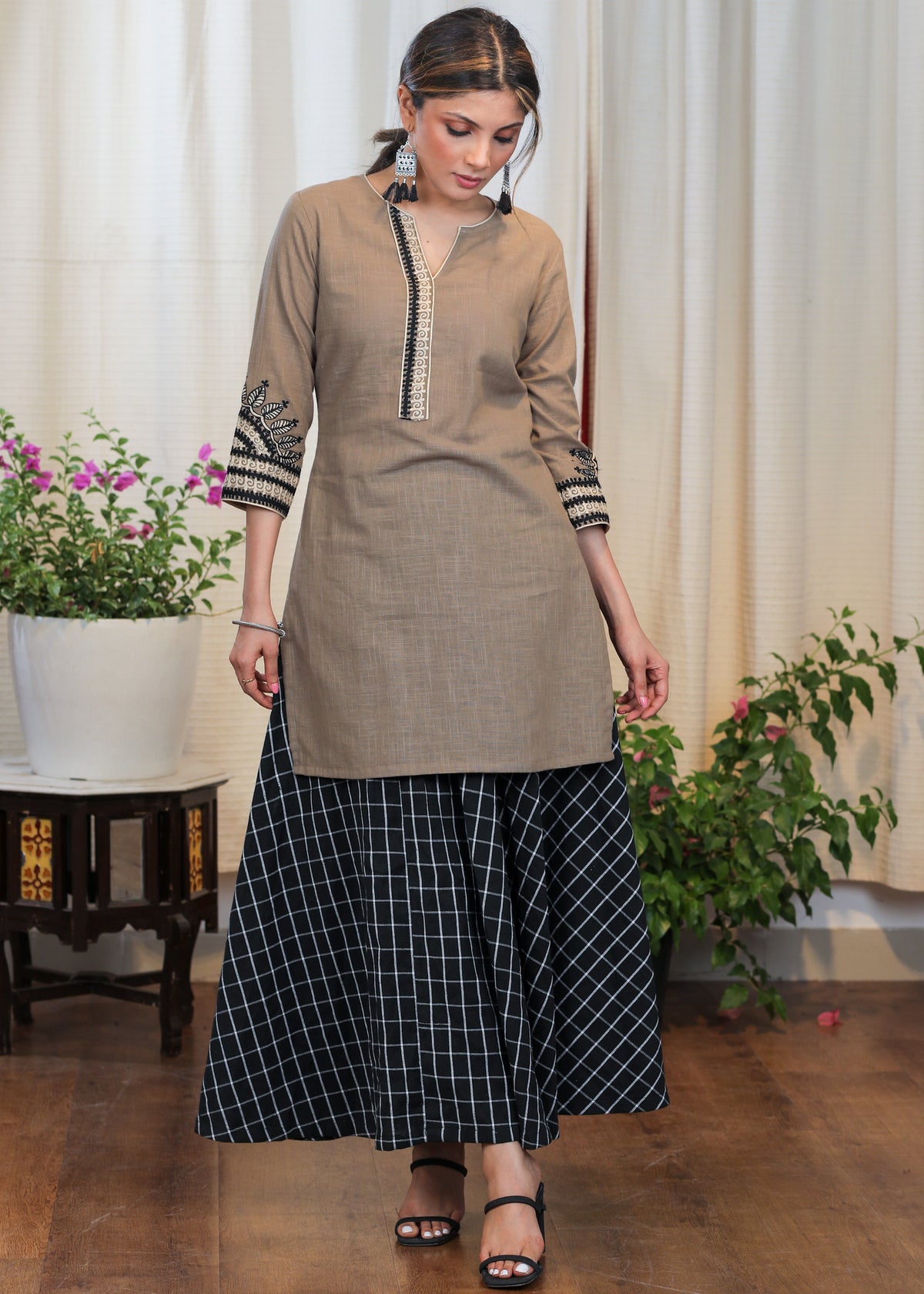 Cement Colour Cotton Tunic with beautiful Fine embroidery pattern - Pant Optional