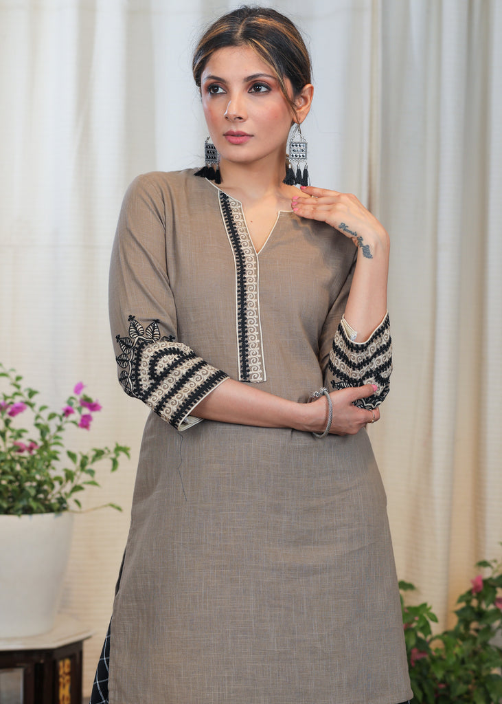 Cement Colour Cotton Tunic with beautiful Fine embroidery pattern