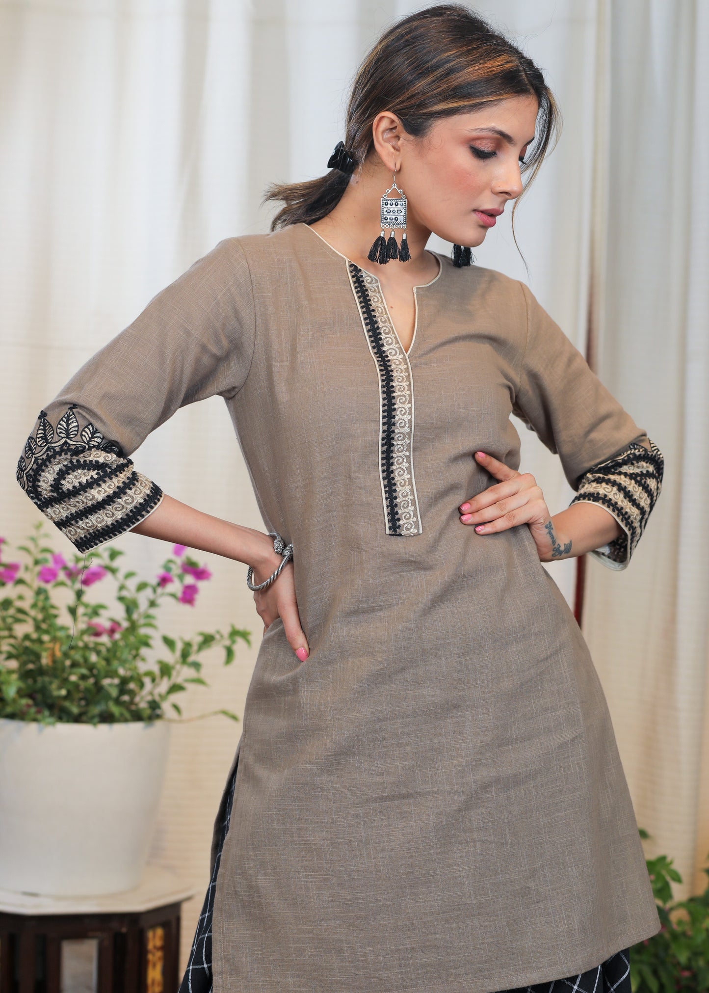 Cement Colour Cotton Tunic with beautiful Fine embroidery pattern