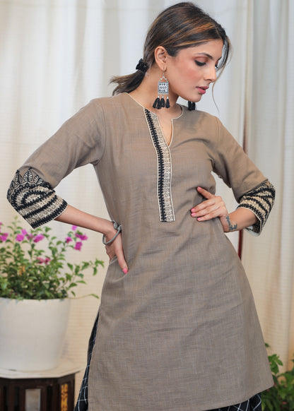 Cement Colour Cotton Tunic with beautiful Fine embroidery pattern