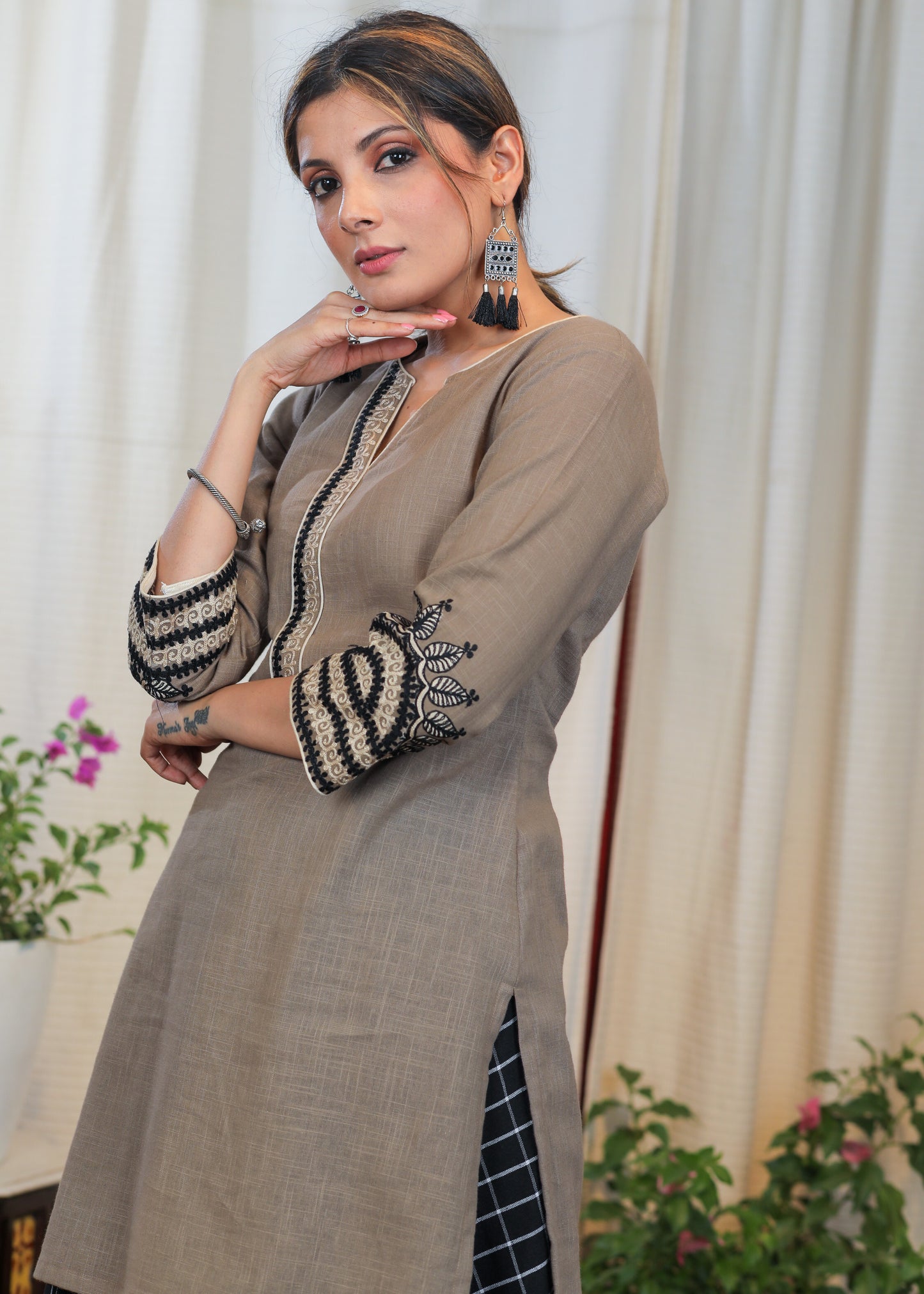 Cement Colour Cotton Tunic with beautiful Fine embroidery pattern