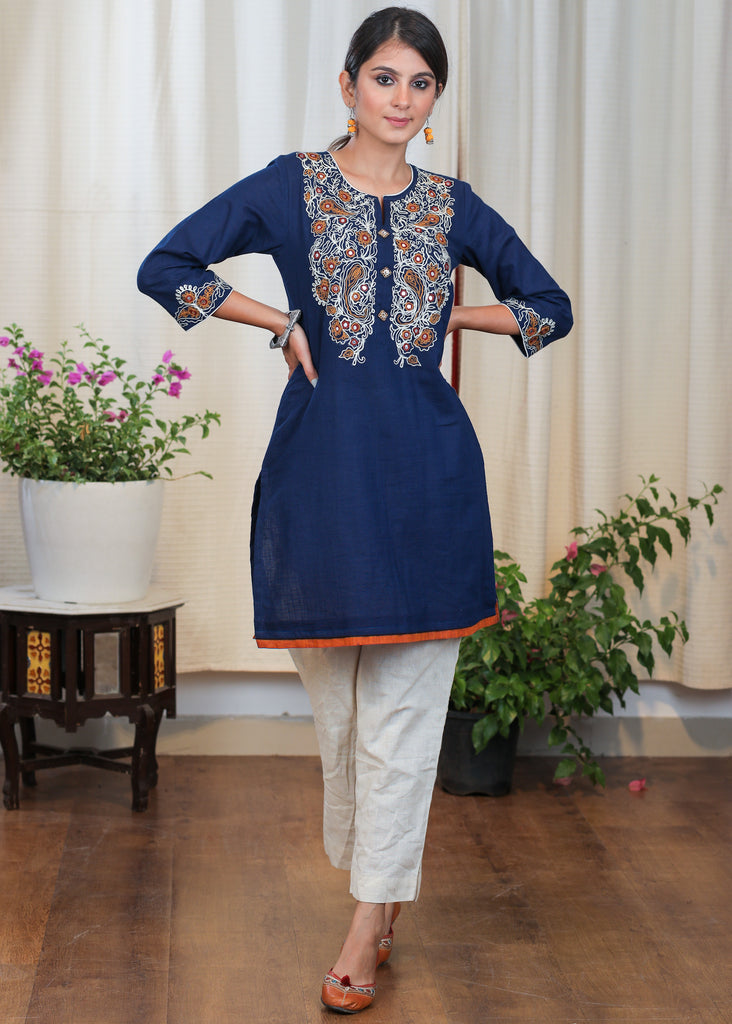 Navy Blue Cotton Tunic with Beautiful Embroidery upto Waist and on Sleeves