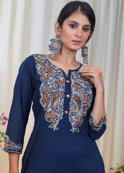 Navy Blue Cotton Tunic with Beautiful Embroidery upto Waist and on Sleeves