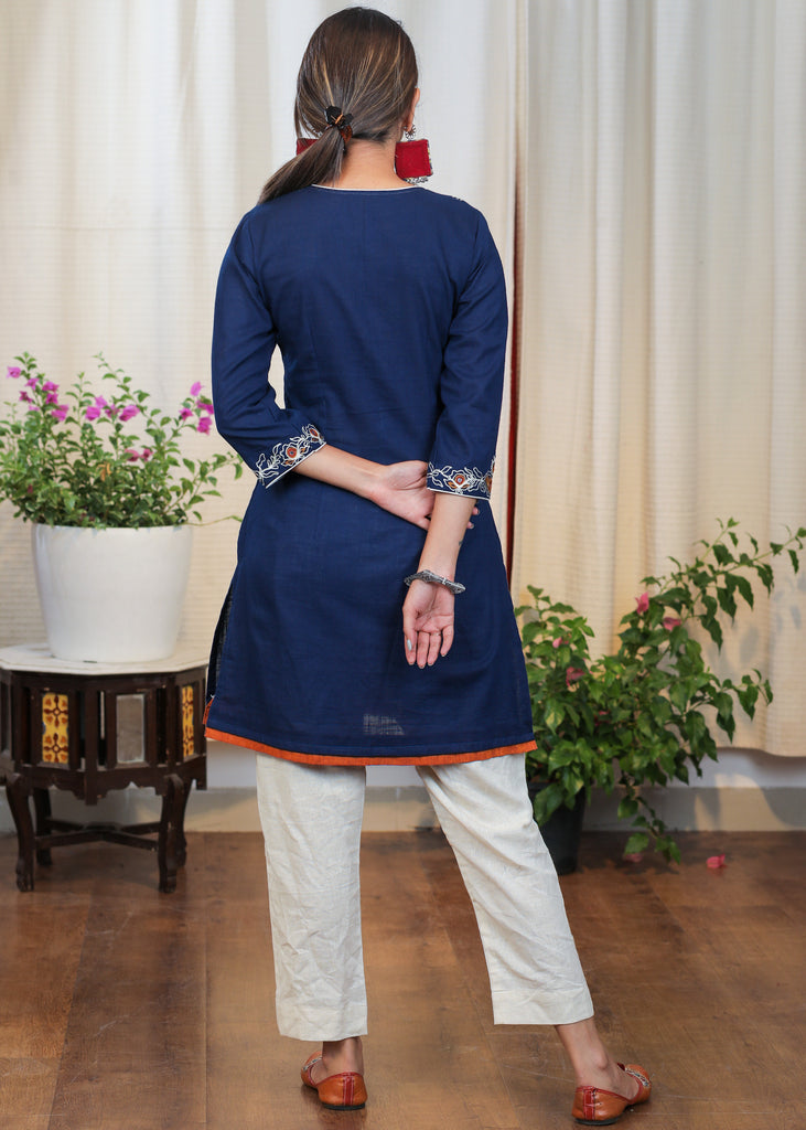 Navy Blue Cotton Tunic with Beautiful Embroidery upto Waist and on Sleeves