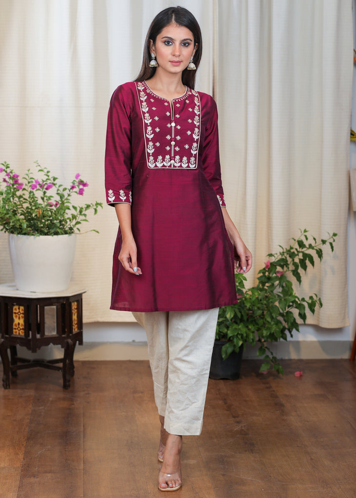 Wine Colour Cotton Silk Tunic with Beautiful Embroidery in White