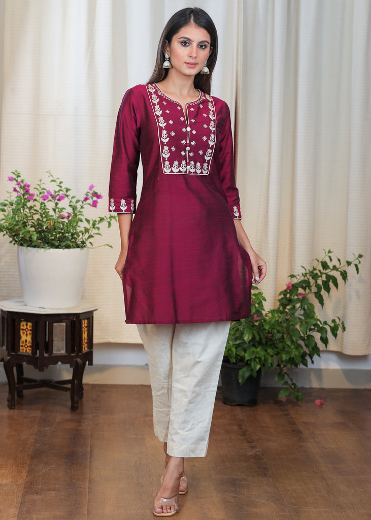 Wine Colour Cotton Silk Tunic with Beautiful Embroidery in White