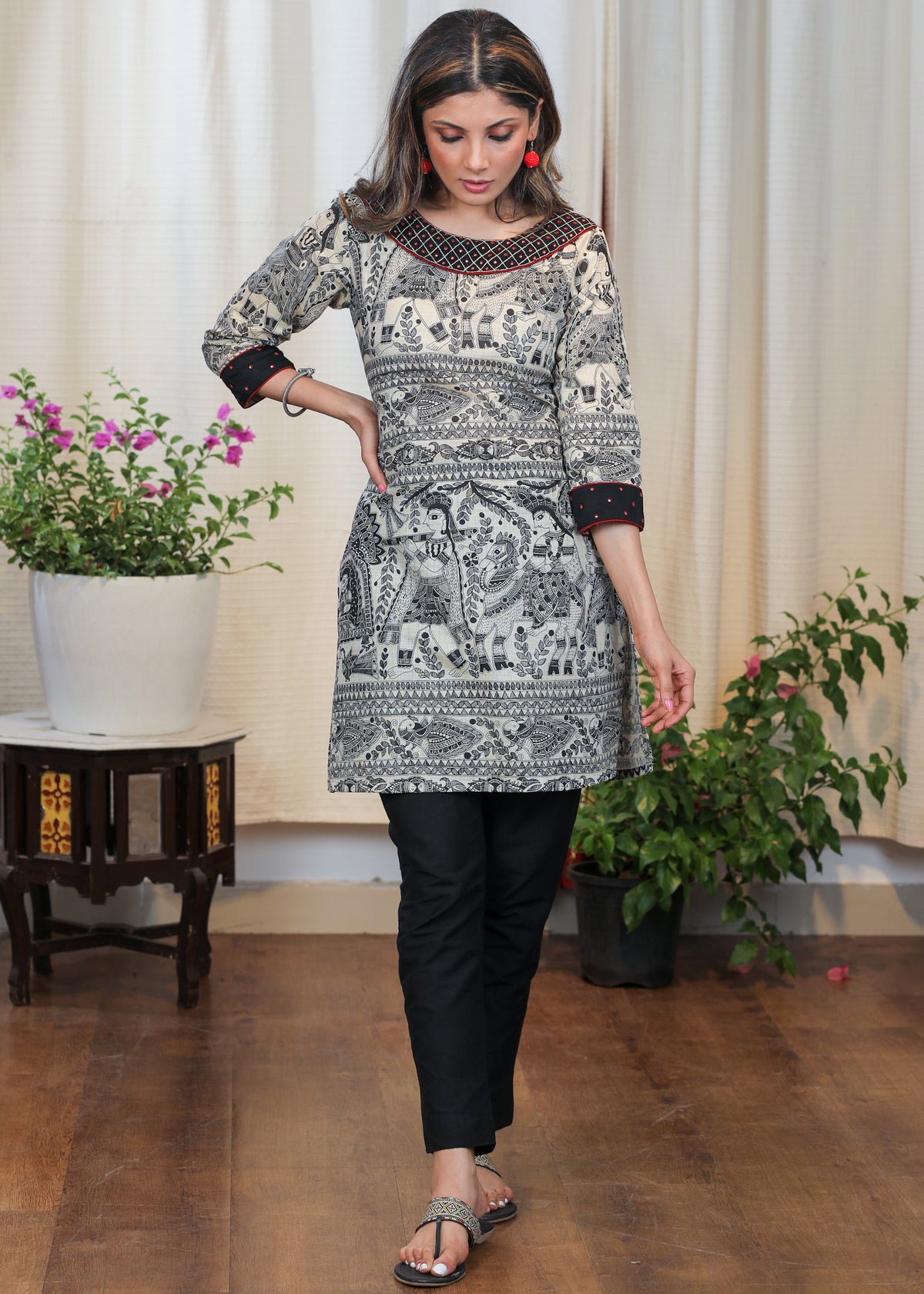 Very Unique Madhubani Print Tunic with Exclusive Mirrorwork Embroidery - Pant Optional