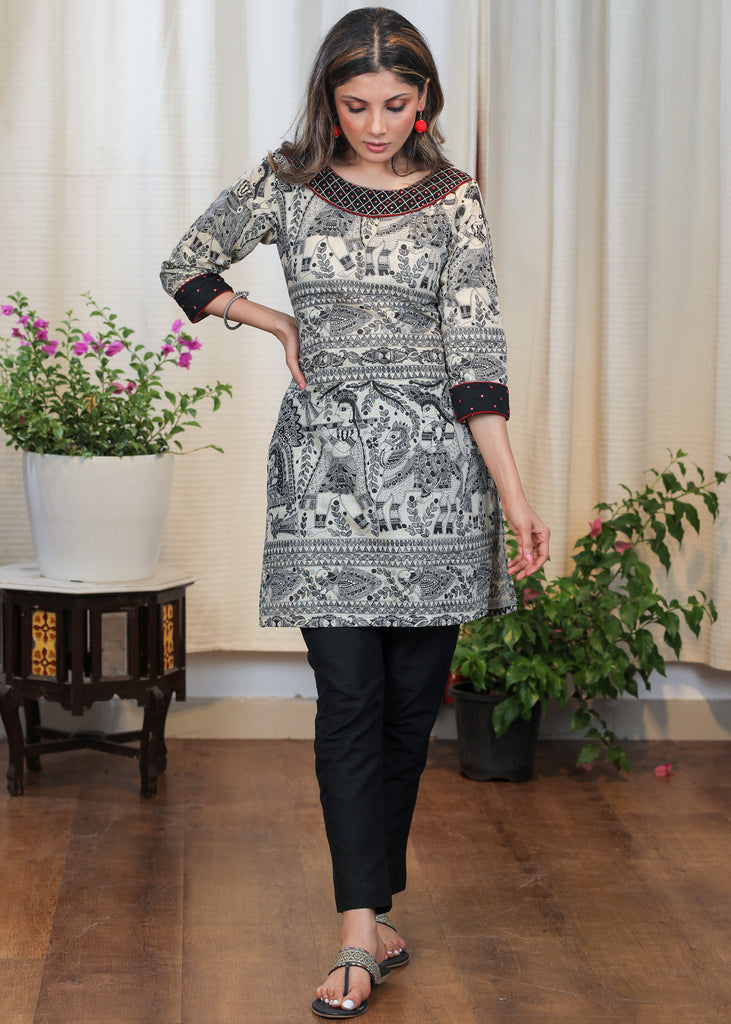 Very Unique Madhubani Print Tunic with Exclusive Mirrorwork Embroidery